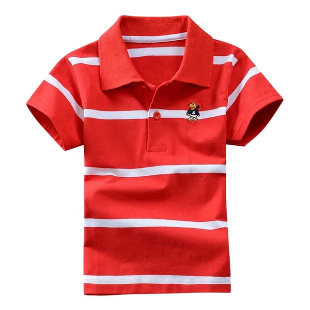 PMVFHDE T-Shirts Graphiques pour Garçons Enfants Garçons Filles Manches Courtes Chemise Décontractée à Rayures en Rouge avec Rayures Horizontales Blanches. Comprend un Col Rabattu avec Deux Boutons et un Petit Graphique Brodé sur la Poitrine. Fait d'Un Tissu en polyester Doux, Convient aux Âges de 5-6 Ans. Conçu pour une Tenue Décontractée, l'École Ou les Activités Quotidiennes.
