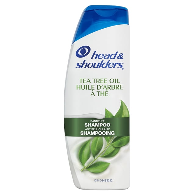 Head & Shoulders Tea Tree Oil Shampoo bottle with white body and blue flip-top cap, featuring green tea leaves graphic and bilingual text for dandruff shampoo, suitable for scalp care and anti-dandruff treatment.