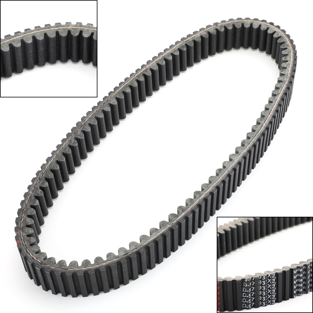 Replacement drive belt for Arctic Cat 0823-013 and Suzuki 27601-09F51/27601-09F60, shown in a close-up view. The belt features a durable aramid fiber construction with a rounded inner cog design for improved flexibility and smoother CVT operation. Designed for use with various ATV models, including Arctic Cat 500, 550, 650, 700, and Suzuki LTA500 from 2000-2007. The black belt has a trapezoidal top-notch design for enhanced heat dissipation and performance under extreme torque conditions.