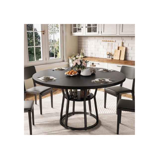 Ourlova 42inch Round Farmhouse Dining Table For 4 to 6 People Rustic Wood Kitchen Table With Storage Shelf Space Saving Circle Dinner Table For Small Spaces Apartments Dining Room and Living Room