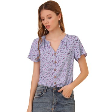 INSPIRE CHIC Blouse à Volants à Manches Courtes pour Femmes, Col en V, Boutons, Petites Fleurs