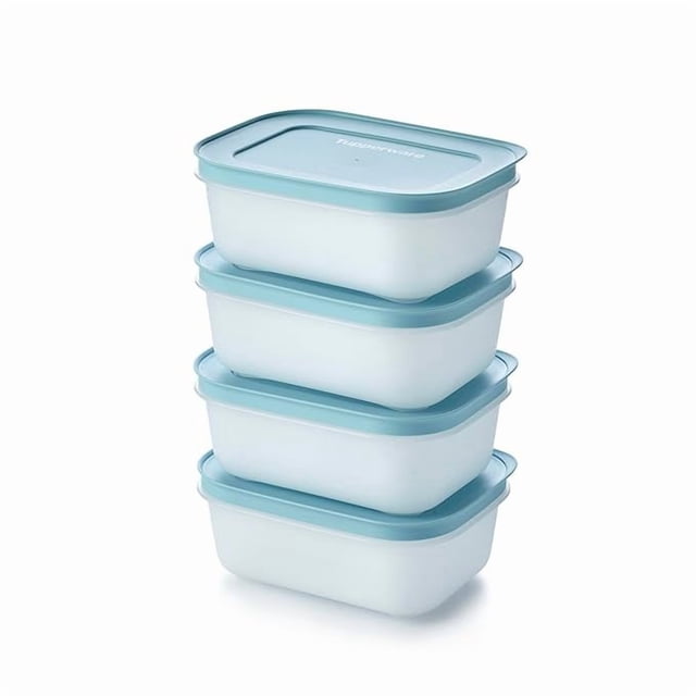 Tupperware Plastic Essentials Freezer Mates Shallow 4 Piece Container Set with 450ml capacity each, shown stacked. These durable, reusable food storage containers feature airtight lids in a light blue colour, designed for easy stacking and organizing. Ideal for freezing leftovers, the containers resist cracking at temperatures as low as -25°C and include Colour Control technology to prevent staining from ingredients like tomato sauce or turmeric.