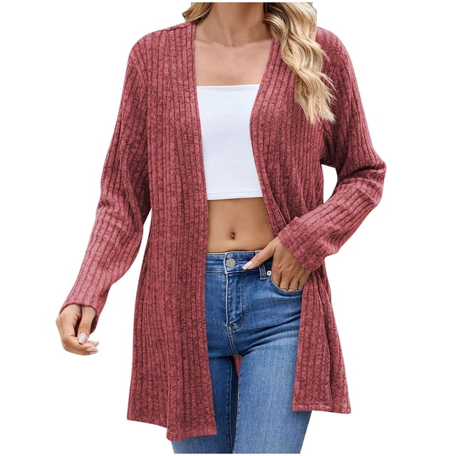 Yuyuzo Womens Fall Cardigan Ribbed Knit Long Sleeve Sweaters Open Front Lightweight Outwear Coat