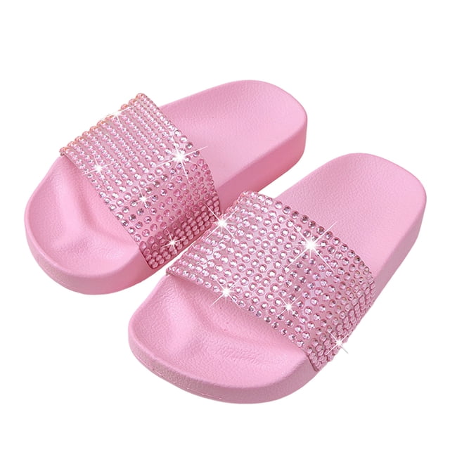 Xfvqtps Kids Girls Slide Sandals with Rhinestones Soft Sole Non-Slip Home Shower Waterproof PVC Sandals Comfortable Bathroom House Shoes