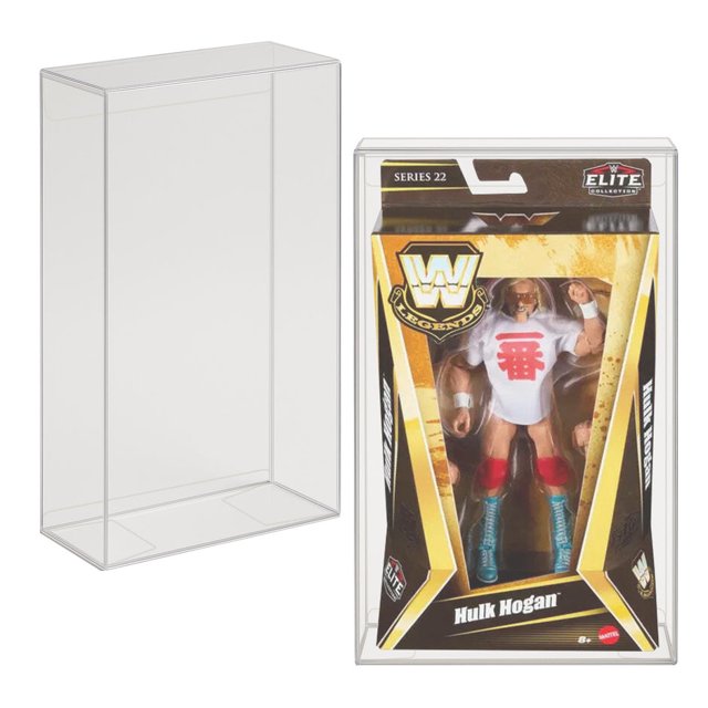 EVORETRO 10-Pack Action Figure Protectors featuring 0.40mm clear acid-free PET cases, designed for WWE Legends Series 22 boxes like Hulk Hogan's. These dustproof, scratch-resistant protectors fit 15.6 x 6.5 x 26.6 cm boxes, enhancing display visibility and providing collector-grade protection.
