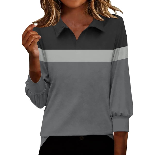 FRSASU Womens Tops 3/4 Sleeve V Neck Shirts Color Block Casual Business Basic Tees Summer Tops Gray S(S)