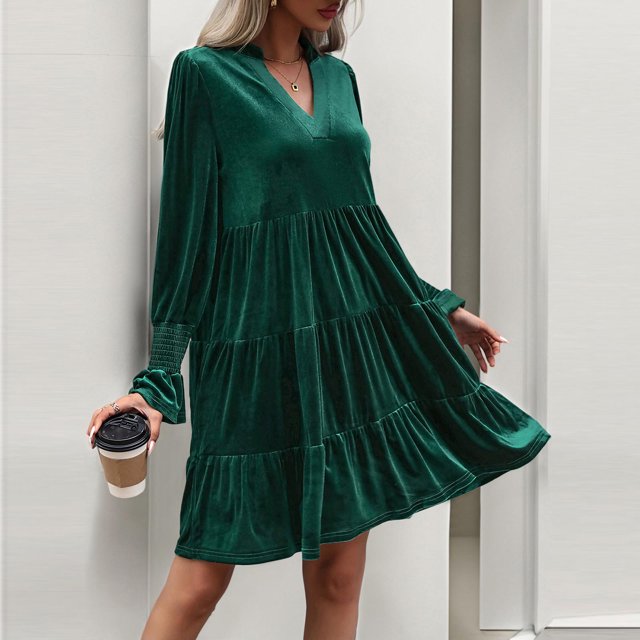 Meichang Robe en Velours pour Femme à Col en V, Manches Longues, Coupe Trapèze, à Volants Superposés, Mini, Fluide, Style Babydoll, Robe Formelle pour Mariage, Fête, Cocktail