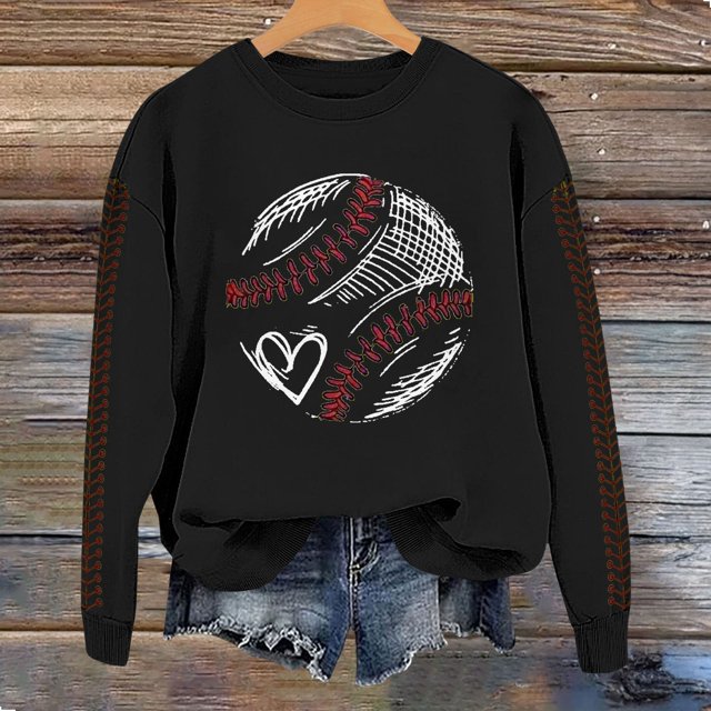 IMENGL Spring baseball print crew neck hooded sweatshirt long, Black M, Size M-2XL