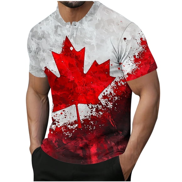 Amzcrzy Mens T-Shirts M-3XL Fashion Maple Leaf Print Canada Day Tee Casual Round Neck Button T-Shirts for Men Summer Short Sleeve Men's T-Shirts