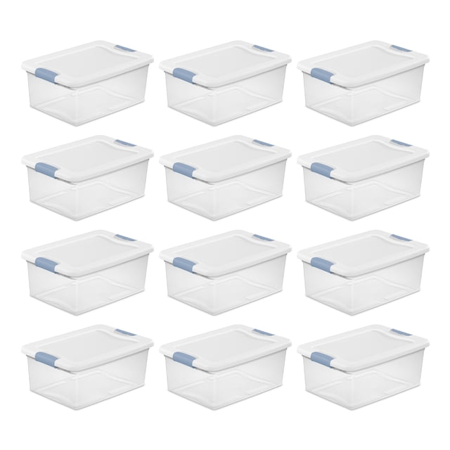 Sterilite Boîte de Rangement en Plastique de 15 Qt avec Couvercle à Loquet, (Lot de 12). un Ensemble de Douze Contenants de Rangement en Plastique Transparents avec Loquets d'Accent Bleus et Couvercles Blancs, Conçus pour Organiser les Espaces à la Maison, au Bureau Ou en Classe. Chaque Boîte A une Capacité de 15 Pintes et Présente une Conception Modulaire avec Couvercles Indexés pour un Empilage vertical Efficace. la base Transparente et le Couvercle Permet d'Identification Facile du Contenu, Alors Que les Loquets Sécurisés Gardent les Articles Contenus. Dimensions : 16,25 x 11,25 x 6,75 Pouces