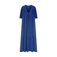 thumbnail image 4 of Pisexur Robes d'Été pour Femmes en Doux Lin-Coton Robes d'Été pour Femmes Décontractées à Col en V Manches 3/4 Robe Maxi Ample Confortable Fluide Robes pour Femmes Couleur Unie à Volants Boho Longues Robes P-2TG Bleu, 4 of 5