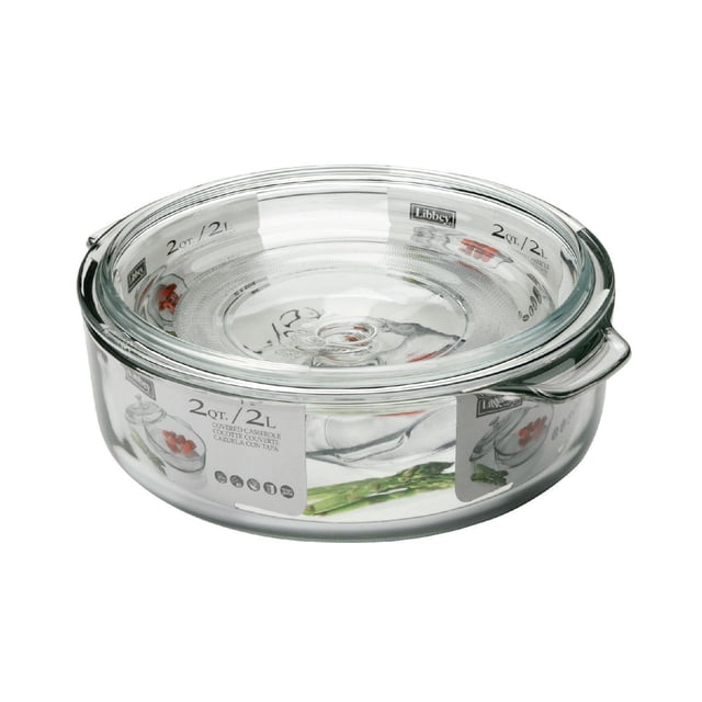 Libbey Glass 2 Qt Casserole with Glass Lid, a clear round glass baking dish with handles and a fitted glass lid, 2-quart capacity ideal for baking and storing soups, mashed potatoes, or vegetable leftovers in oven or fridge.