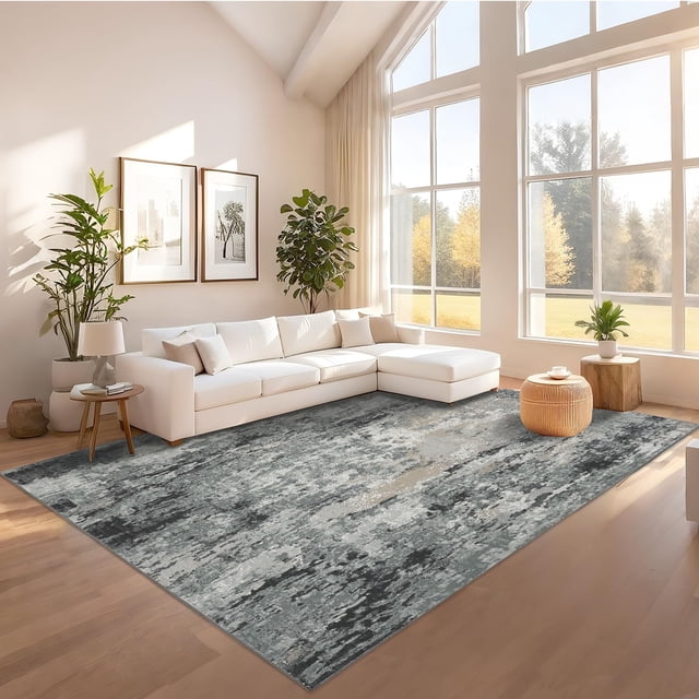 Modern Abstract Area Rug – Washable, Non-Slip, Low Pile Carpet for Living Room, Bedroom, Dining Room – Soft, Mark Resistant, Pet-Friendly, Grey, 5x7ft (152x213cm), USA Stock