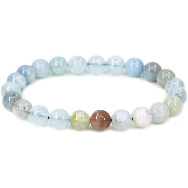 Bracelet Extensible Unisexe en Perles Rondes 8 mm en Pierre Précieuse Aigue-Marine Multicolore Naturelle 7 Pouces