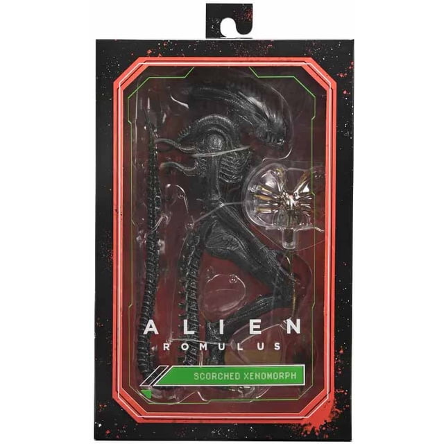 Alien Romulus Figurine Articulée de 7 Pouces Ultimate - Scorched Xenomorph par NECA, Présentant un design Détaillé de Scorched Xenomorph avec Plus de 23 points d'Articulation, une Mâchoire Ouverte avec une Bouche Intérieure Extensible et une Queue Filaire. la Figurine Comprend des Pièces de Dôme Interchangeables, des Mains, un facehugger, des chestbursters avec des Queues Câblées et un Support d'Exposition. Emballée dans une Boîte-Fenêtre avec des Détails Exacts à l'Écran.