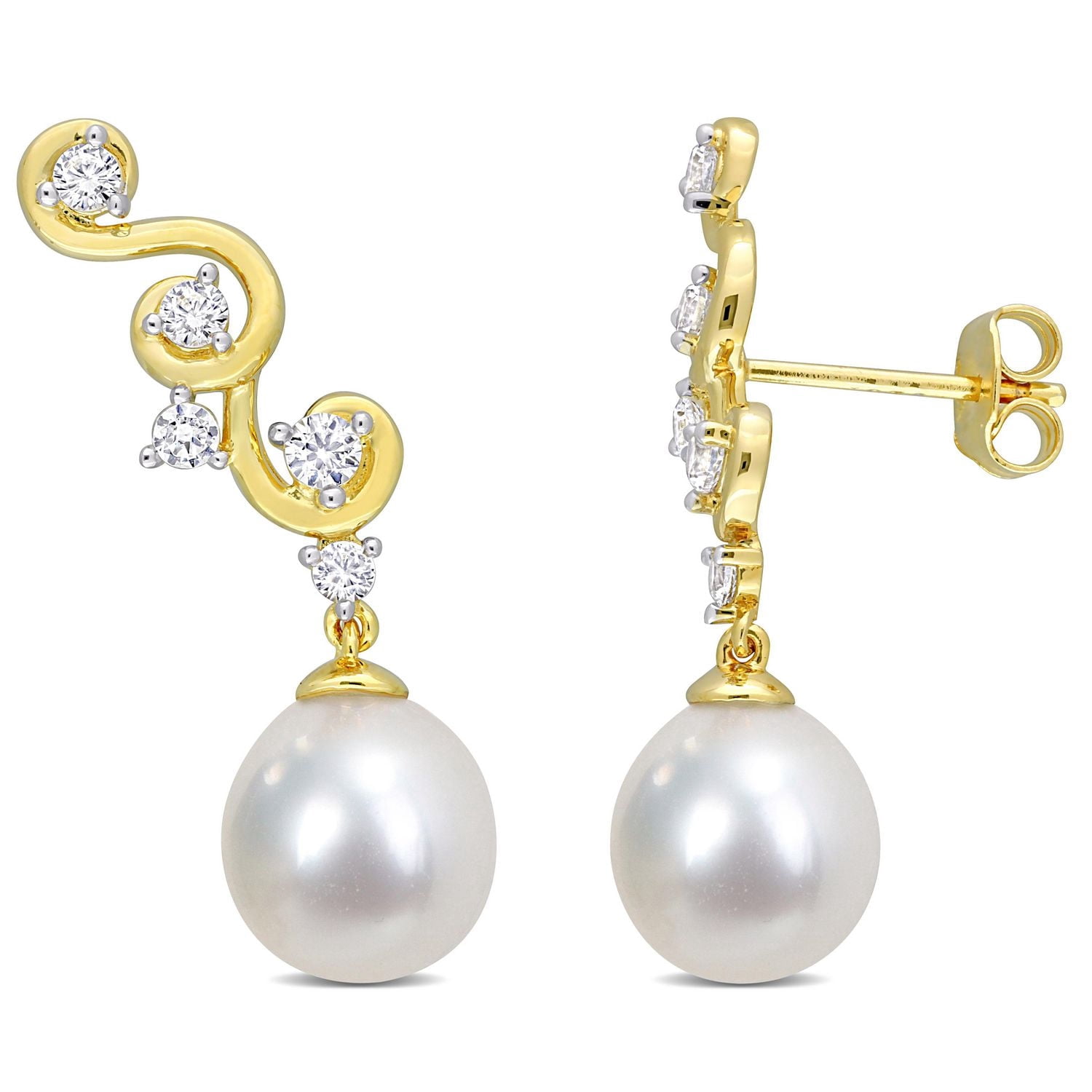Boucles d'oreilles Miabella avec perle culture mers du Sud et saphir blanc synthétique 5/8 ct p.t. en argent sterling plaqué jaune