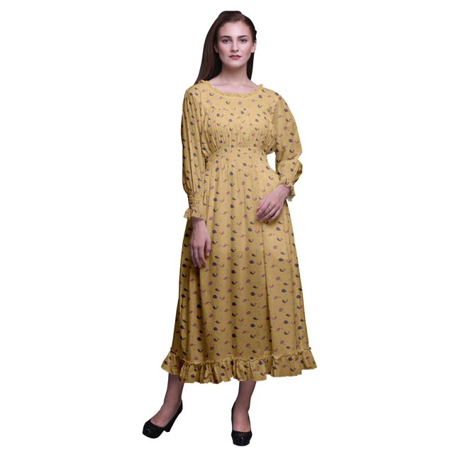 Bimba Ocean Ladies Bishop Sleeve Round Neck Ruffle Maxi Smocked WaistDress-X-Large