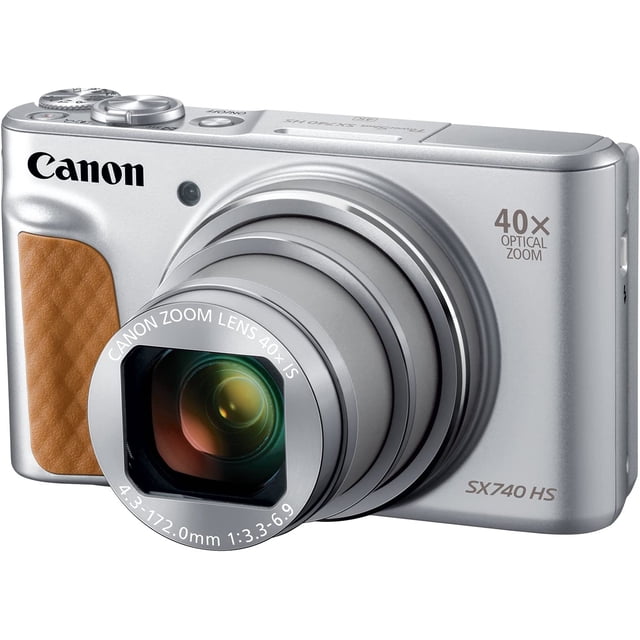 Canon PowerShot SX740 HS Appareil Photo Numérique (Argent) Version Internationale 2956C001 - Gros Plan avant d'Appareil Photo compact avec Fini Argenté, Objectif zoom Optique 40x Étendu, Anneau de zoom visible, Stabilisateur d'Image Optique et Aide au Cadrage zoom, flash Intégré et Écran LCD Inclinable à 180 Degrés avec Retour vers l'Avant; Mentionne la Vidéo 4K, le time-lapse 4K, Capteur CMOS 20,3 MP, Prise de Vue Continue Haute Vitesse et Connectivité Wi‐Fi
