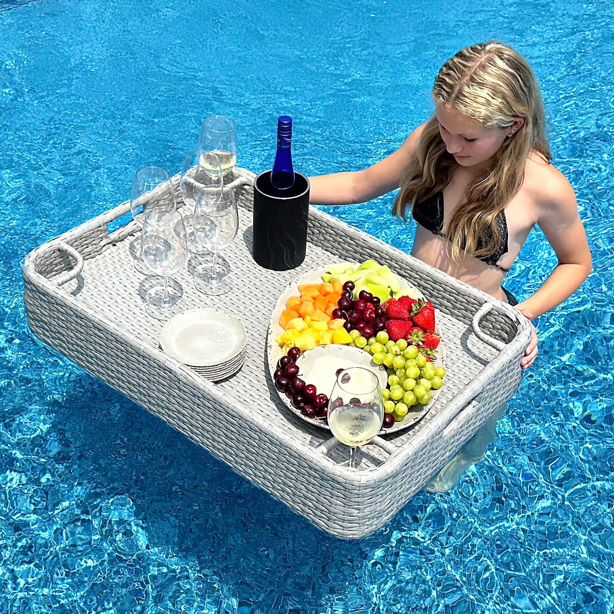 Sunjoy Floating Pool Canopy with Add-on 36x24 in. Wicker Tray,Gray