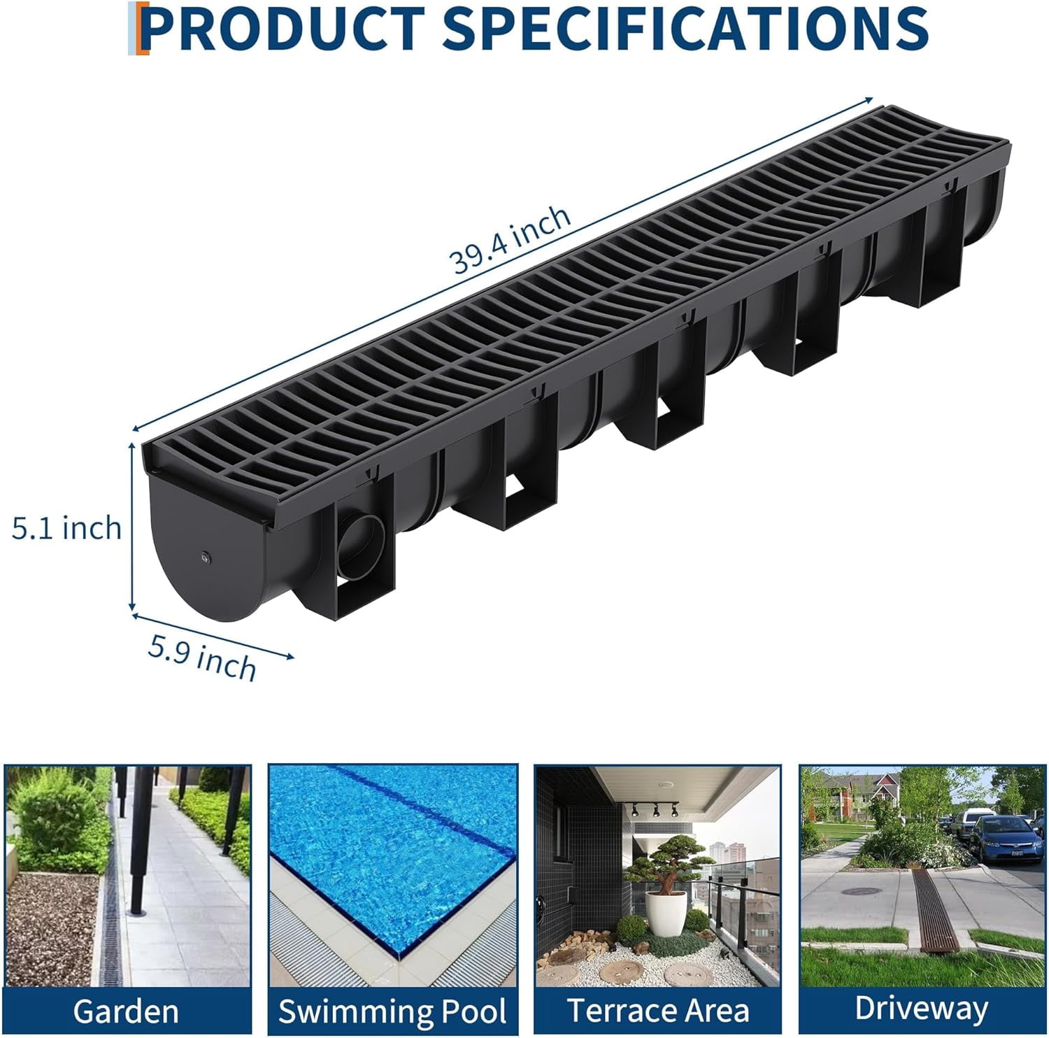 OUYAWEI 6PC Trench Drain System Driveway Drainage Channel Plastic Grates End Caps Heavy Duty Black