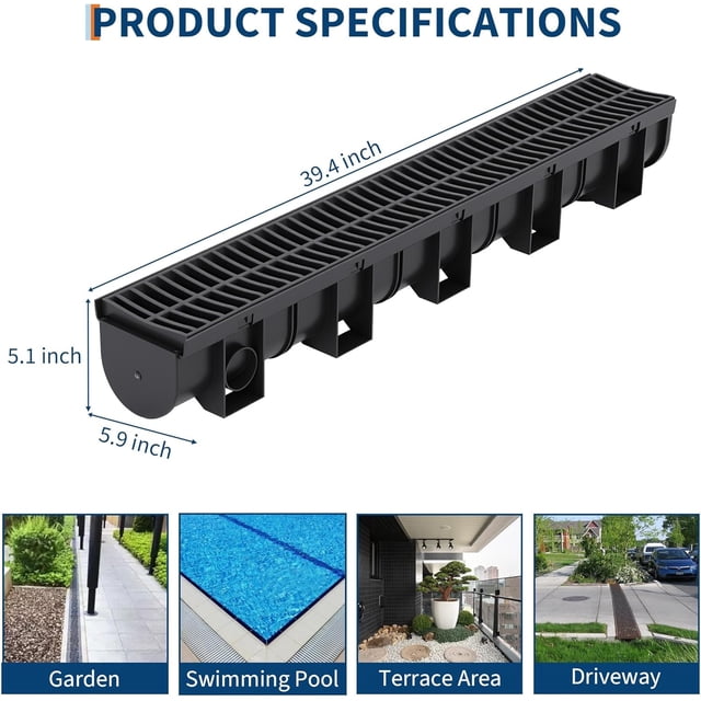 OUYAWEI 6PC Trench Drain System Driveway Drainage Channel Plastic Grates End Caps Heavy Duty Black