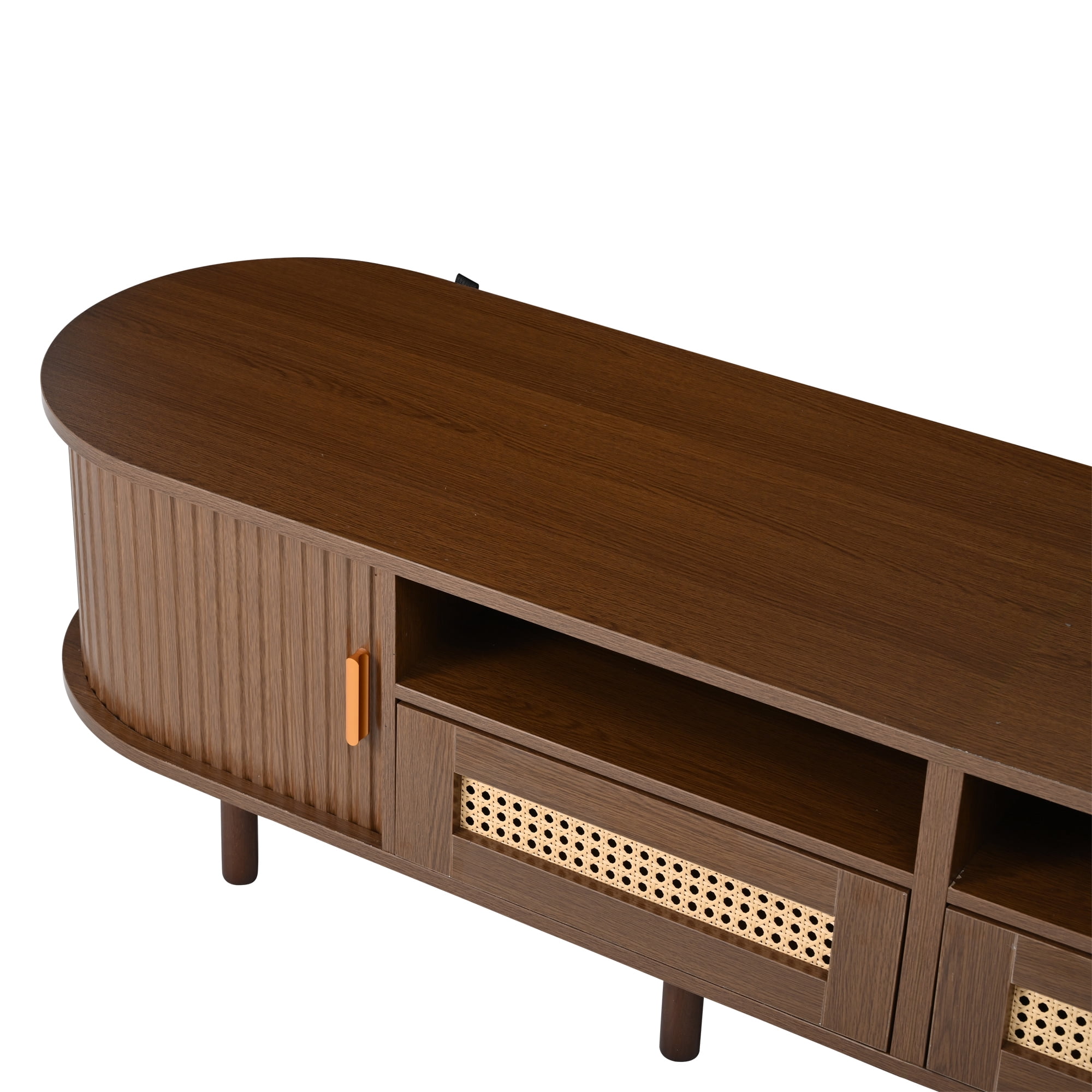 Meuble TV maison Noble 64.9" avec 2 tiroirs en rotin et 2 portes coulissantes, buffet ovale arrondi pour TV 65", noyer