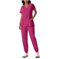 thumbnail image 1 of Yanlir Ensemble Deux Pièces pour Femmes, Blouse à Manches Courtes Boutonnée, Couleur Unie, Col en V et Pantalon à Bas Resserré, Mode (Rose Vif, M), 1 of 6