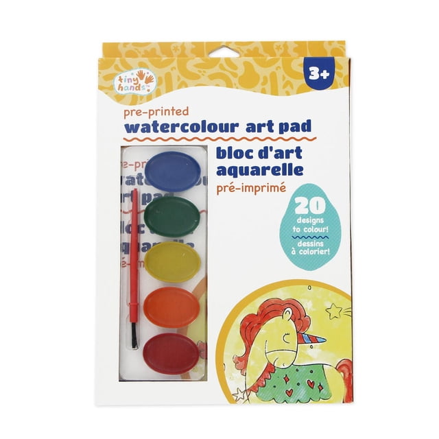 TINY HANDS Pre-printed Watercolour Art Pad Kit for kids aged 3 and up, featuring 20 pre-printed designs, a paintbrush, and five watercolour paint strips in blue, green, yellow, orange, and red, suitable for early art painting and watercolour supplies.