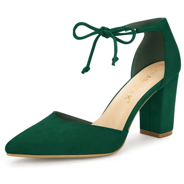BLISSFUL STEP Women's Ankle Tie Block Heel Pointed Toe Dress Pumps