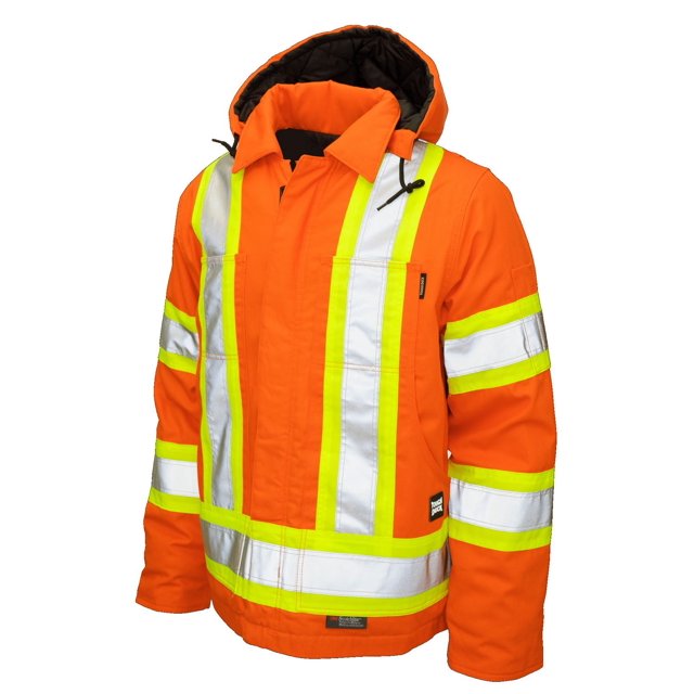 Duck Veste de Sécurité en orange Vif avec Bandes Réfléchissantes Scotchlite de 3 m Bordées de Bordure Jaune à l'Avant, Manches et Taille, Dotée d'Une Capuche Matelassée Noire Isolée, d'Une Fermeture Éclair en nylon Robuste avec Rabat Tempête, Conception à Multiples Poches, Poignets en Tricot Tempête et Manches Articulées pour une protection et une Chaleur Durables en Tenue de Travail.