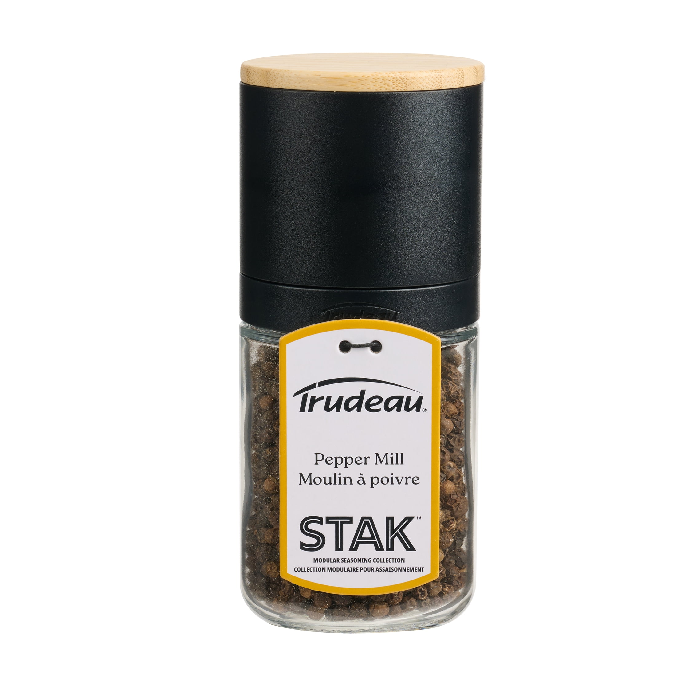 Trudeau STAK Filled Pepper Mill, Pre-filled with 75 g of Pepper, Bamboo Lid