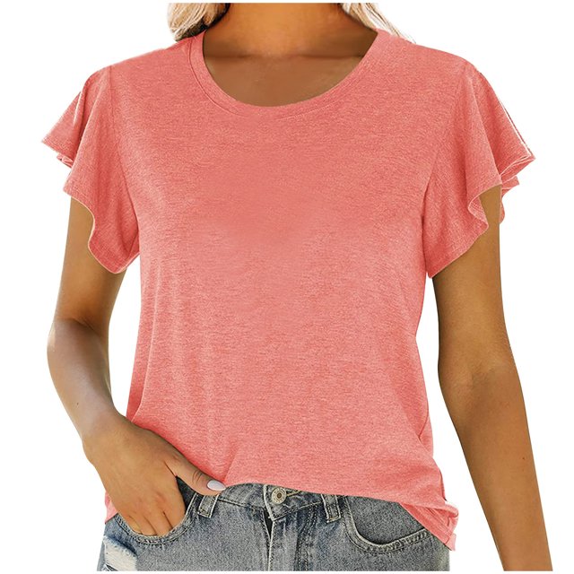 Birdeem Fashion Women Round Neck Short Sleeve Ruffle Solid T-Shirt Tops Summer Blouse
