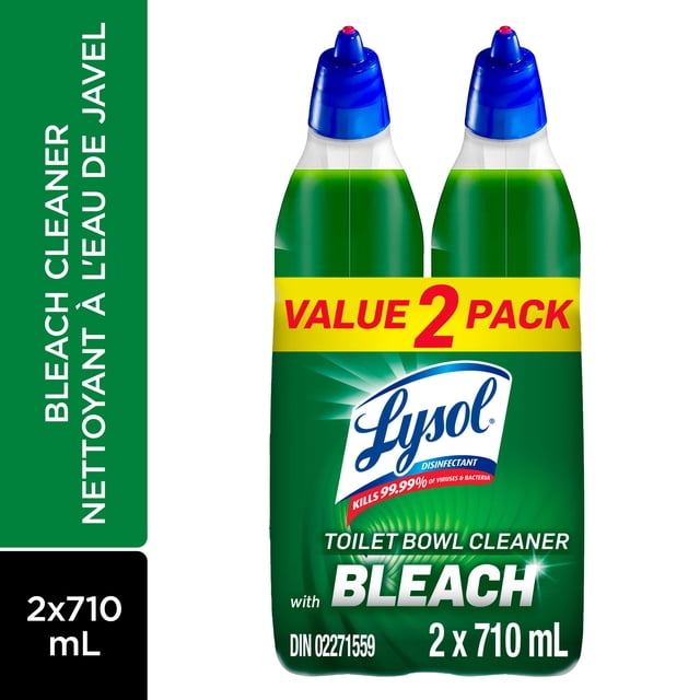 Lysol Bathroom Cleaning- Toilet Bowl Cleaner, BLEACH value 2 pack with two 710 mL green bottles with angled blue caps, designed to disinfect and clean toilet bowls by killing 99.99% of viruses and bacteria, removing stains and deodorizing with bleach.
