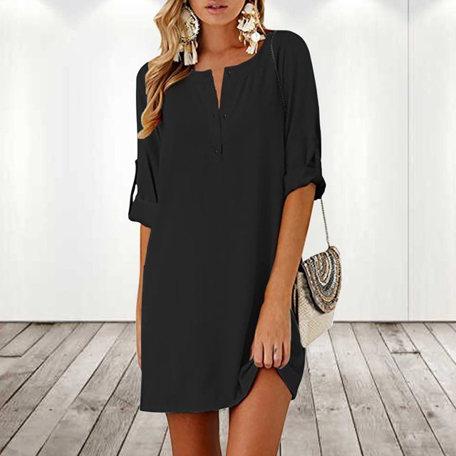Pisexur Robe à Manches Courtes à Col Rond Longueur Genou Mode Femme Été Décontractée Couleur Unie Robe à Manches Mi-Longues à Col Rond à Boutons Robe Femme