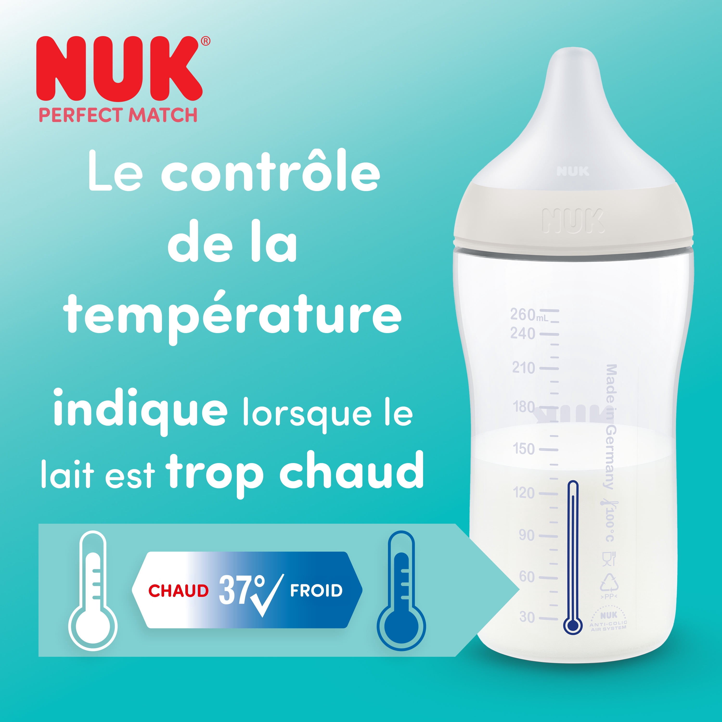NUK Perfect Match Baby Bottle, 3+ Months, 260 ml, Anti Colic Feeding Bottle, Plastic, Temperature Control Indicator, Sheep, 3 Count