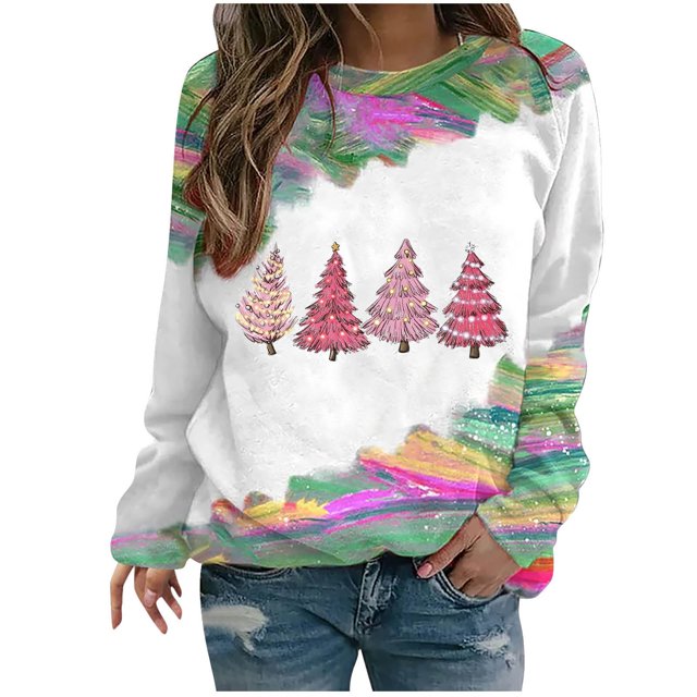 EQWLJWE Sapin de Noël Sweatshirts for Women Manches Longues Sweatshirts Col Rond Pull-Over Arbre de Noël Tops et Frais Verts Cravate Teint Raglan Manches Top Sweatshirts de Noël for Grande Taille pour Femme Tailles