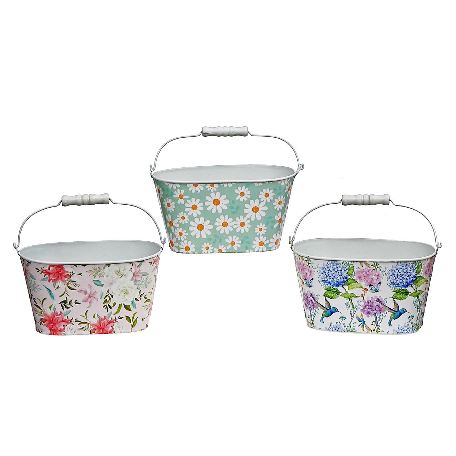 IH Casa Decor Jardinière Ovale En Métal Floral Avec Poignée Asstd - Ensemble De 3