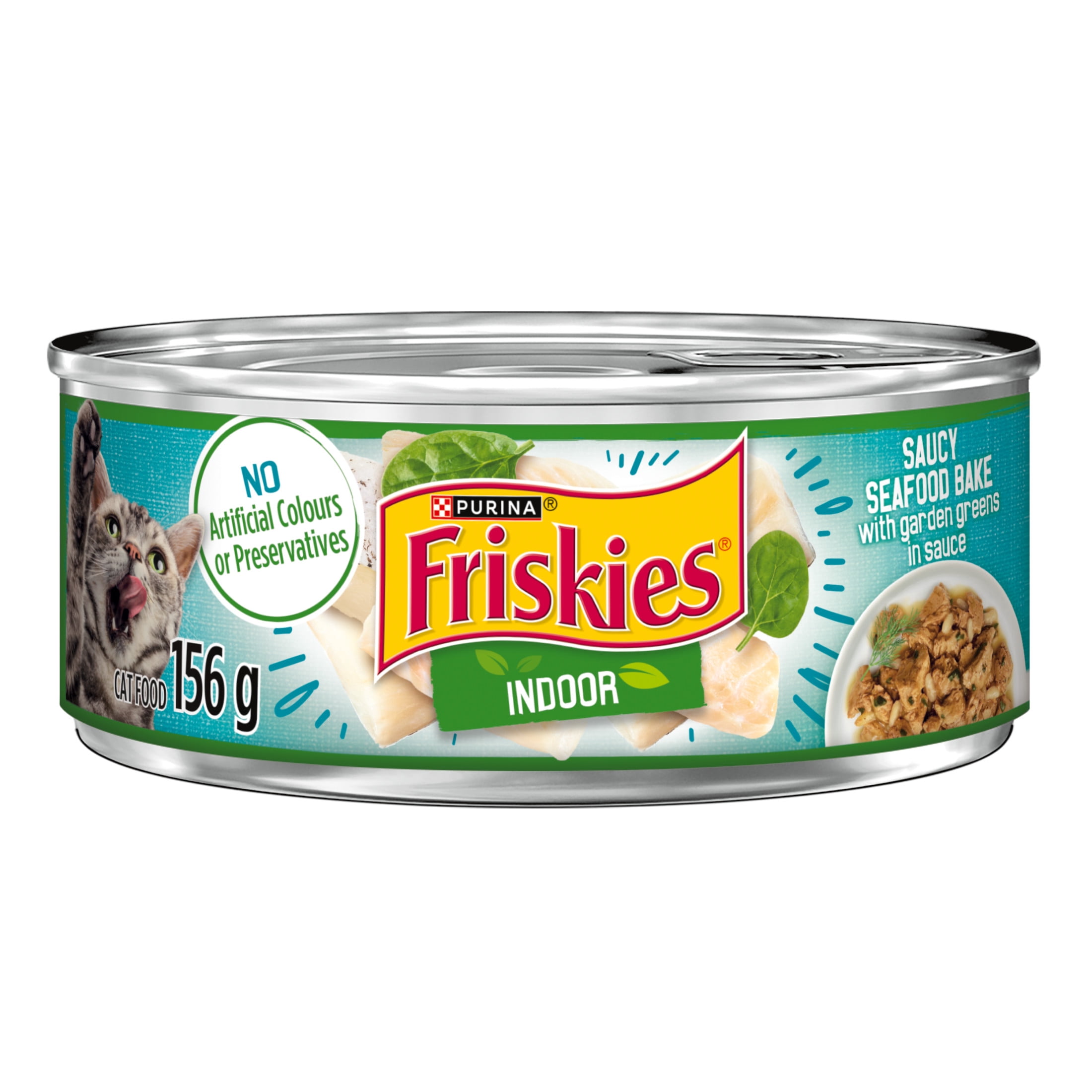Friskies Indoor in Sauce Saucy Seafood Bake with Garden Greens, Wet Cat Food 156 g