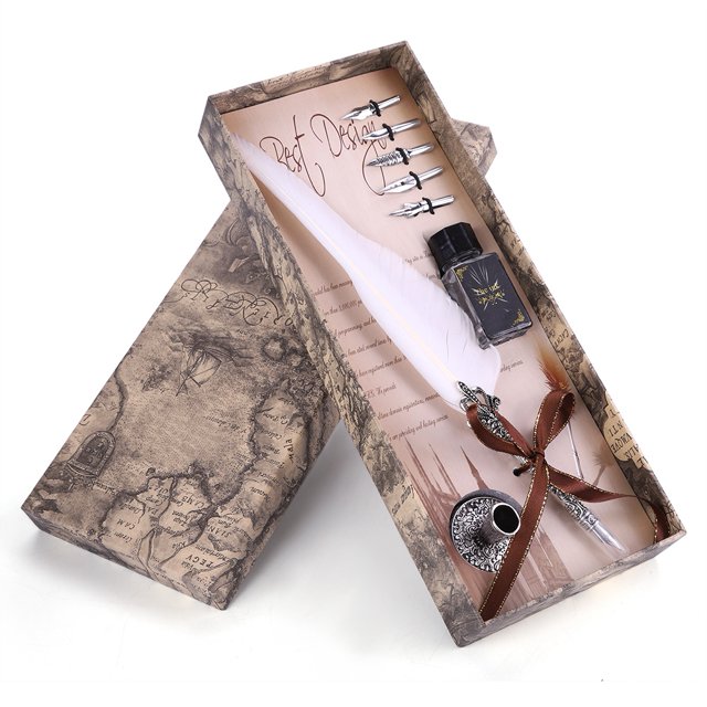 Stylo Plume Rétro Classique Stylo Plume Écriture Boîte Cadeau pour Noël Saint-Valentin Blanc