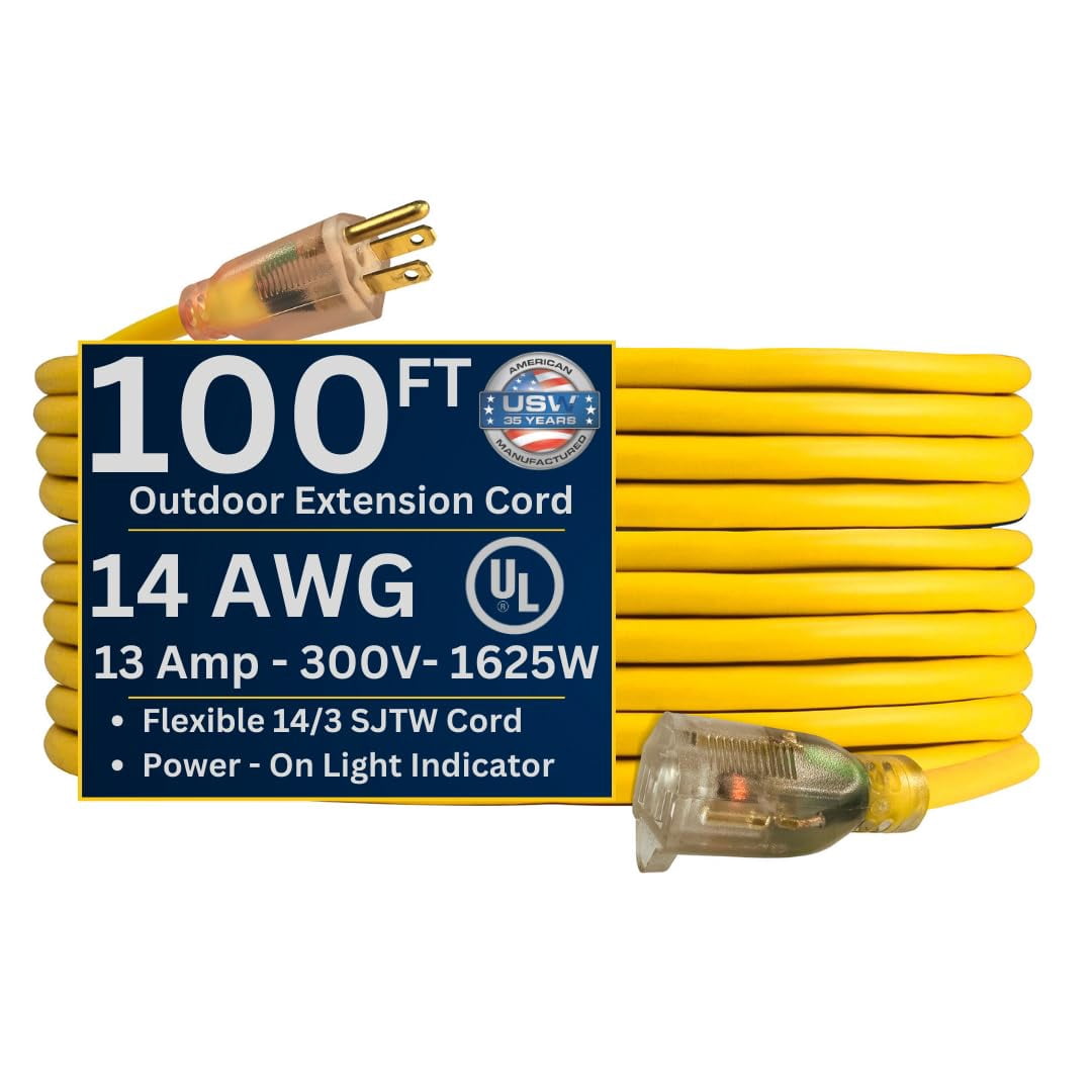 US Wire and Cable 14/3 Gauge x 100-Foot Lighted Heavy Duty General Purpose Extension Cord – 12/3 Gauge, Yellow, Kink-Resistant, Heavy Duty, Power Indicator Light, SJTW, Made in USA