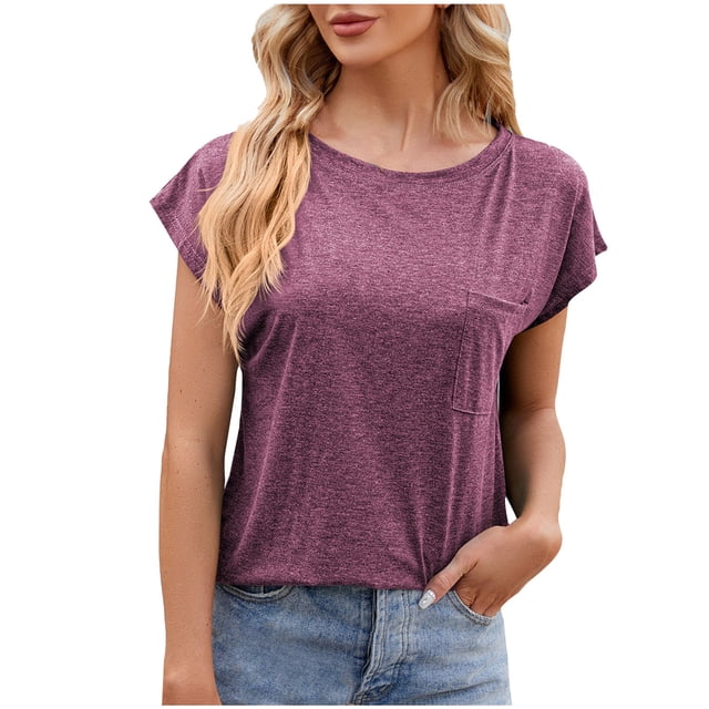 AherBiu Hauts d'Entraînement pour Femmes, Coupe Ample, Manches Cap, Col Ras du Cou, Haut Basique Confortable, T-Shirts, Chemises, Blouse
