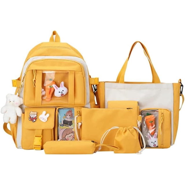 Kawaii Backpack Backpack Kawaii Pendants and Pins Accessories 5Pcs Set Cute Kawaii Rucksack for School Bag Cute Aesthetic Backpack 17in Travel Rucksack School Bag (Black)