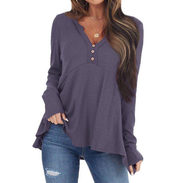 Women V Neck Buttons Stitched Long Sleeve Irregular Hem Knit Blouse