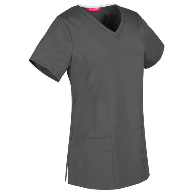 Haut de Sarrau pour Femme Gris par TAILOR's, avec Encolure en V et Manches Courtes. Fabriqué en Mélange de 65 % polyester et 35 % Coton, Comprend Trois Poches avant et Deux Boucles d'Identité/instrument au-Dessus du Coin de la Poche Gauche pour Plus de Fonctionnalité. Lavable à la Machine et Convient aux Environnements de Travail.