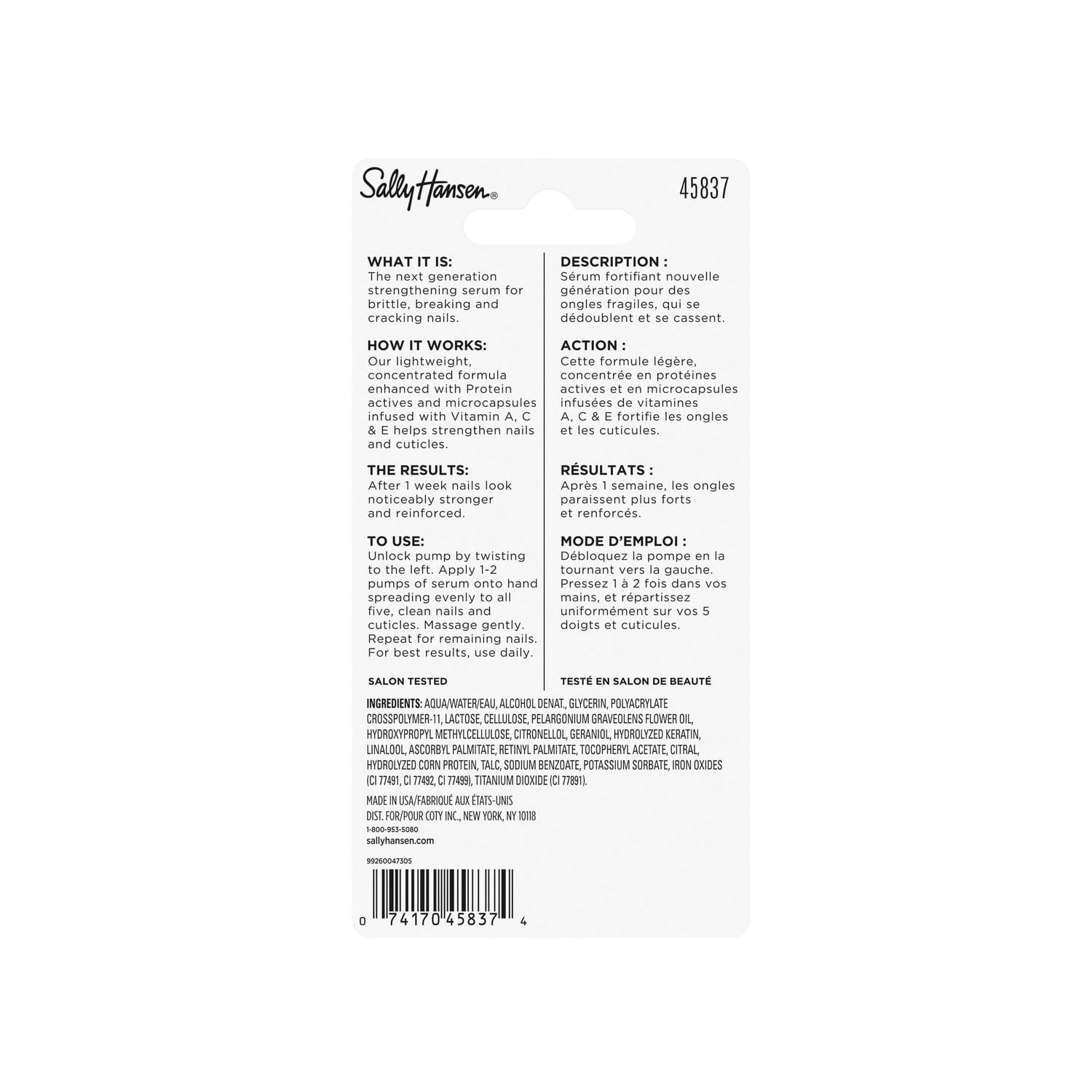 Sally Hansen Hard as Nails® Vitamin Strength Serum™, soin réparateur en profondeur, protection durable pour les ongles et les cuticules, sérum de soin pour les ongles enrichi en vitamines A, C et E