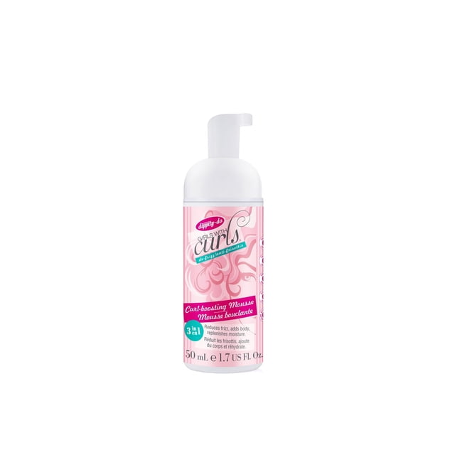 Girls With Curls Travel Curl Boosting Mousse in a 50 mL white pump bottle with a pink label featuring curly hair graphics, designed to reduce frizz, add body, and replenish moisture for dry, frizzy, and curly hair, colour-safe and paraben-free, suitable for travel size hair care and anti-frizz treatment.