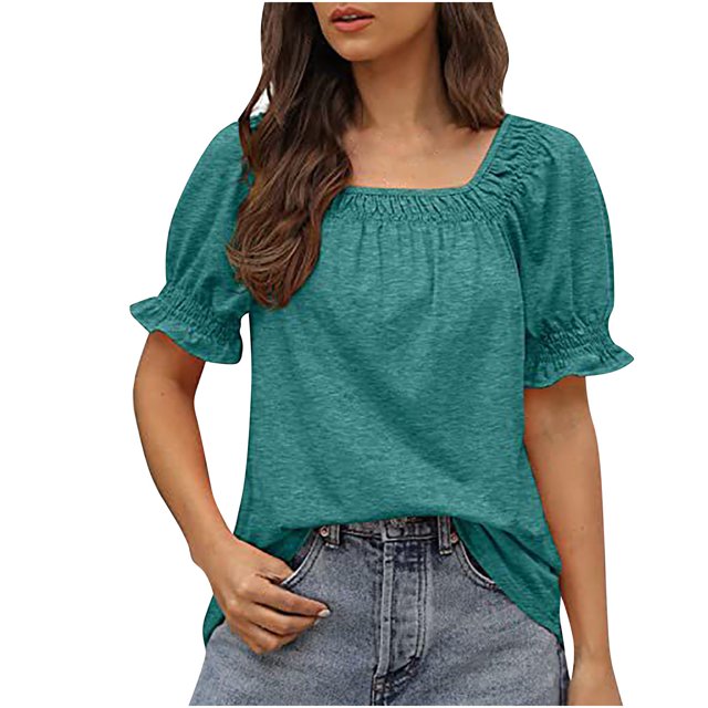 Birdeem Hauts Blouses Décontractés pour Femmes à Couleur Unie à Encolure Carrée à Manches Courtes