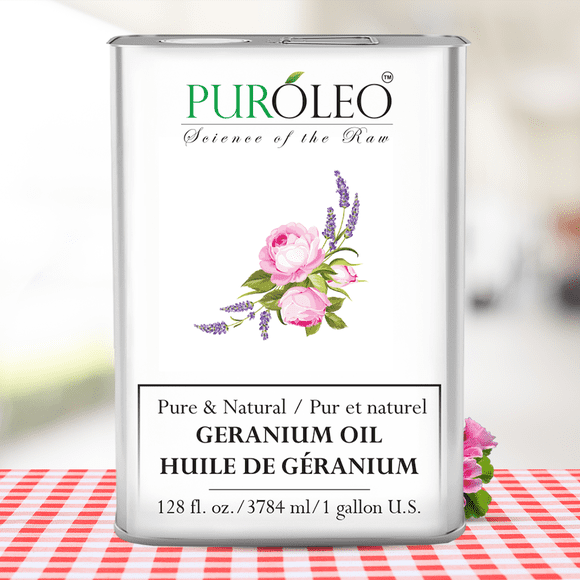 PUROLEO Geranium Essential Oil 128 Fl Oz/3785 ML (Packed In Canada) 100% Pure, Natural and Undiluted Aromatherapy Oil for Skin Care and Relaxation - Soothing Floral Scent for Diffuser or Massage