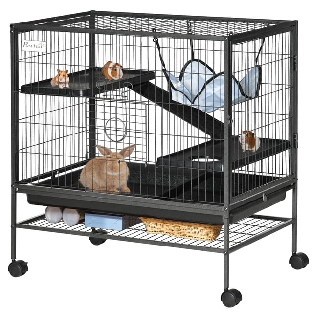 PawHut Small Animal Cage with Hammock, 3-tier small animal habitat featuring a black and dark silver metal frame with ramps, platforms, and a hanging hammock. Includes a removable tray for easy cleaning, wheels for portability, and a shelf for storage. Ideal for small pets like ferrets, chinchillas, guinea pigs, and sugar gliders.