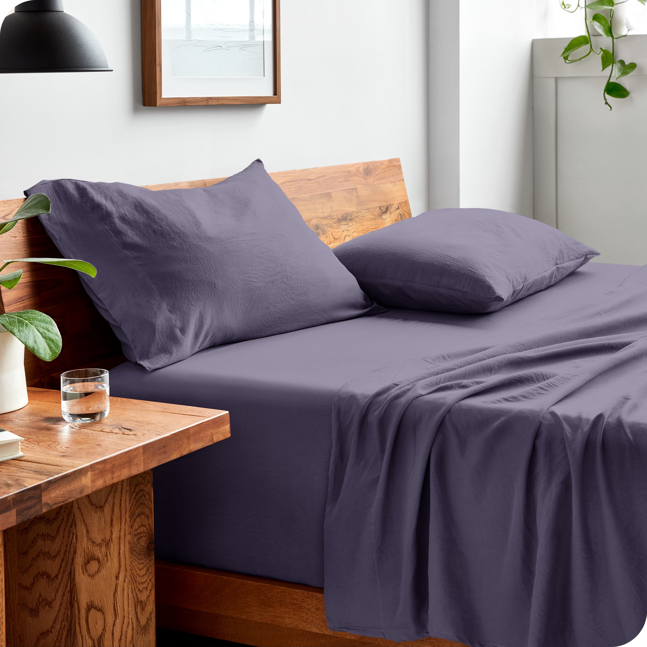 Bare Home Washed Sheet Set - Premium 1800 Collection - Deep Pocket - 4 Piece - King, Dusty Purple